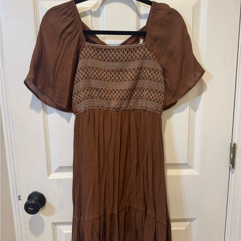 Brown Smocked Square-Neck Midi Dress